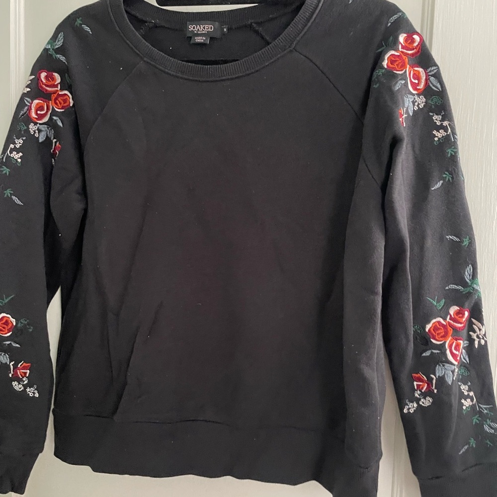 Soaked in Luxury Black Sweatshirt with Floral Embroidered sleeves